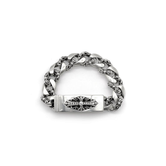 Chrome Hearts Silver Diamond ID Cross Fancy Link Cuban Bracelet