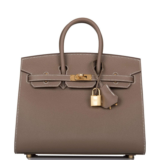 Front view of Hermès Birkin Sellier 25 Etoupe Epsom with Gold hardware