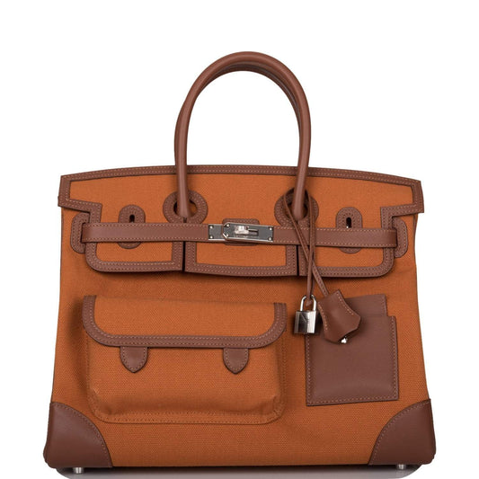 Hermes Birkin 35 Cargo bag in Marron Inde Swift leather and Gold Toile canvas with palladium hardware.