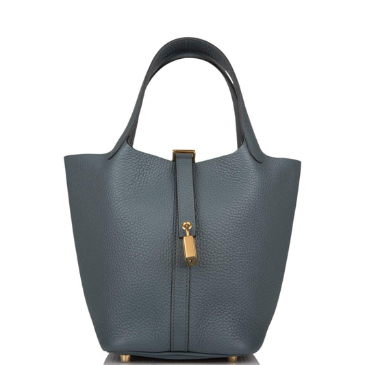 Front view of Hermès Picotin Lock 18 Bleu Orage Clemence Leather Bag